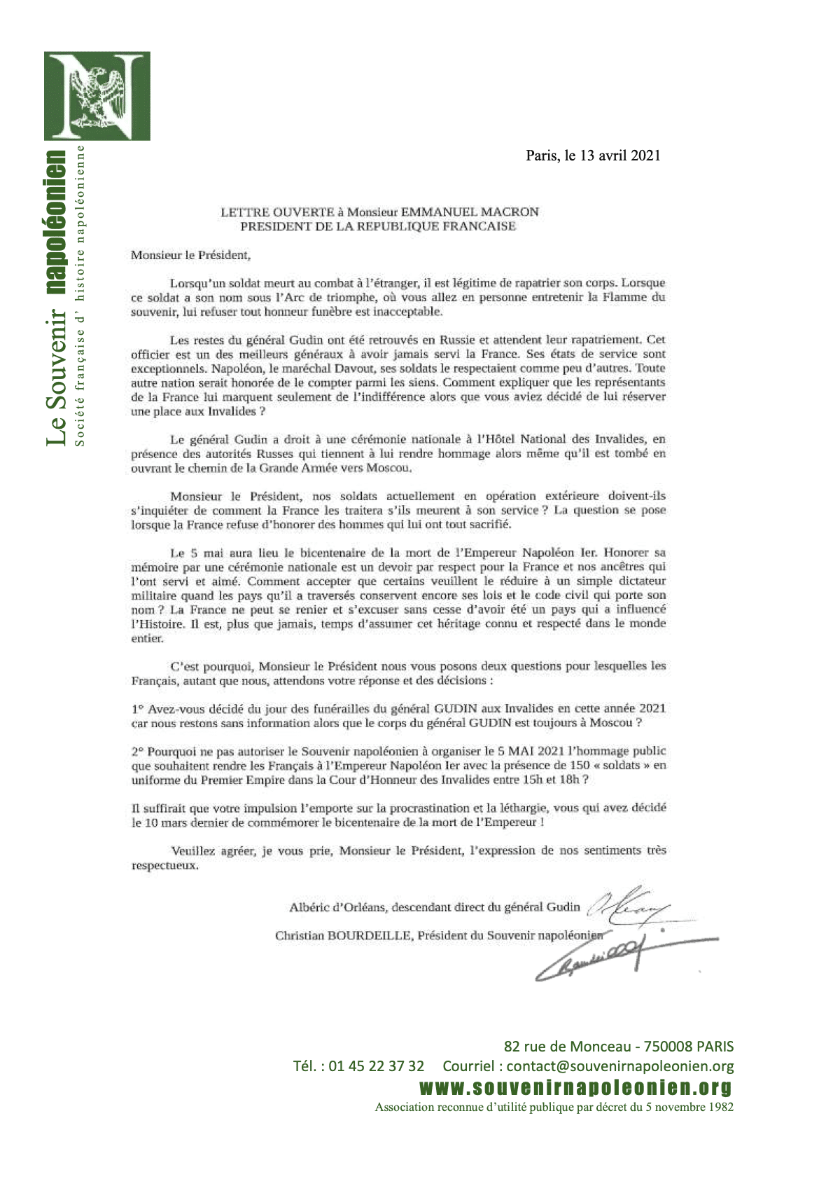 lettre ouverte à Emmanuel Macron pour le retour du Général Gudin